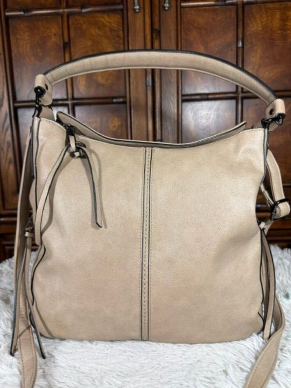 Taupe Tassel Pebble Texture Faux Leather Hobo Crossbody Shoulder Handbag